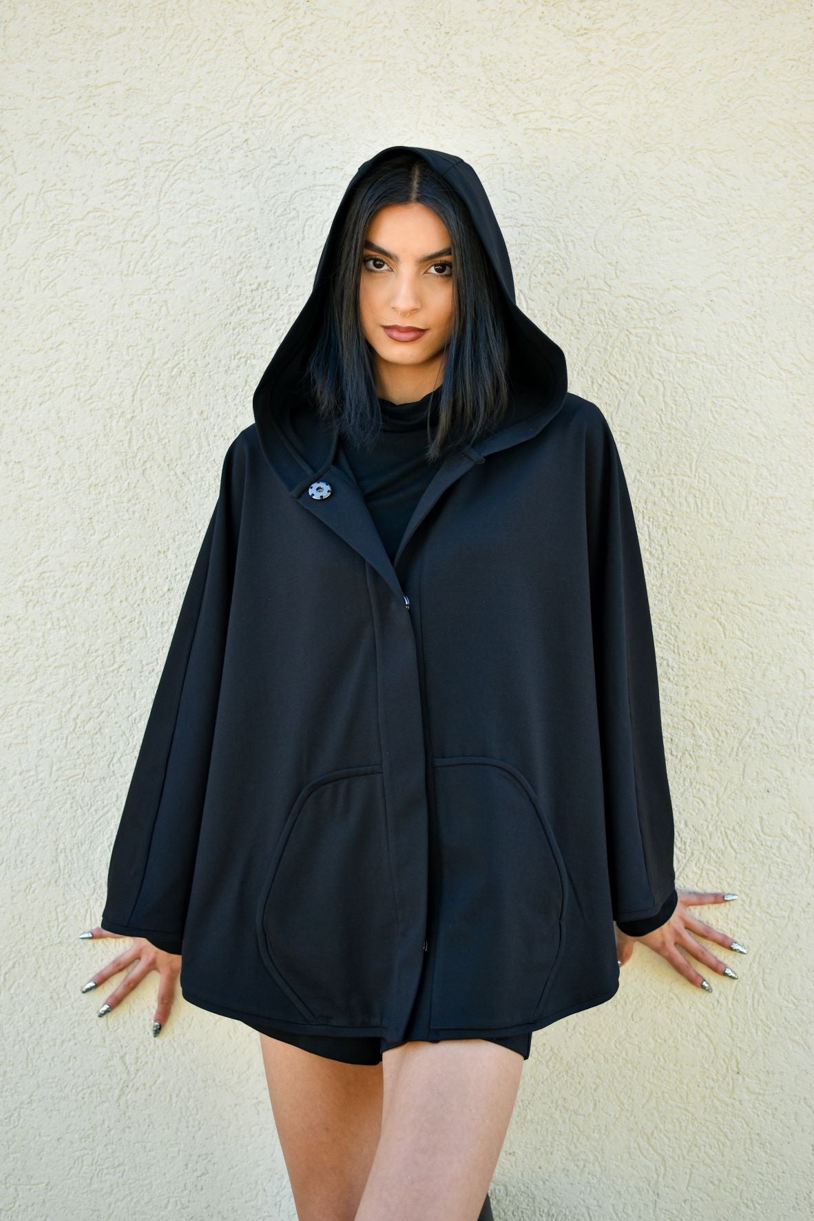 Charlene Black Ponte Hooded Cape Coat Anton Maxine