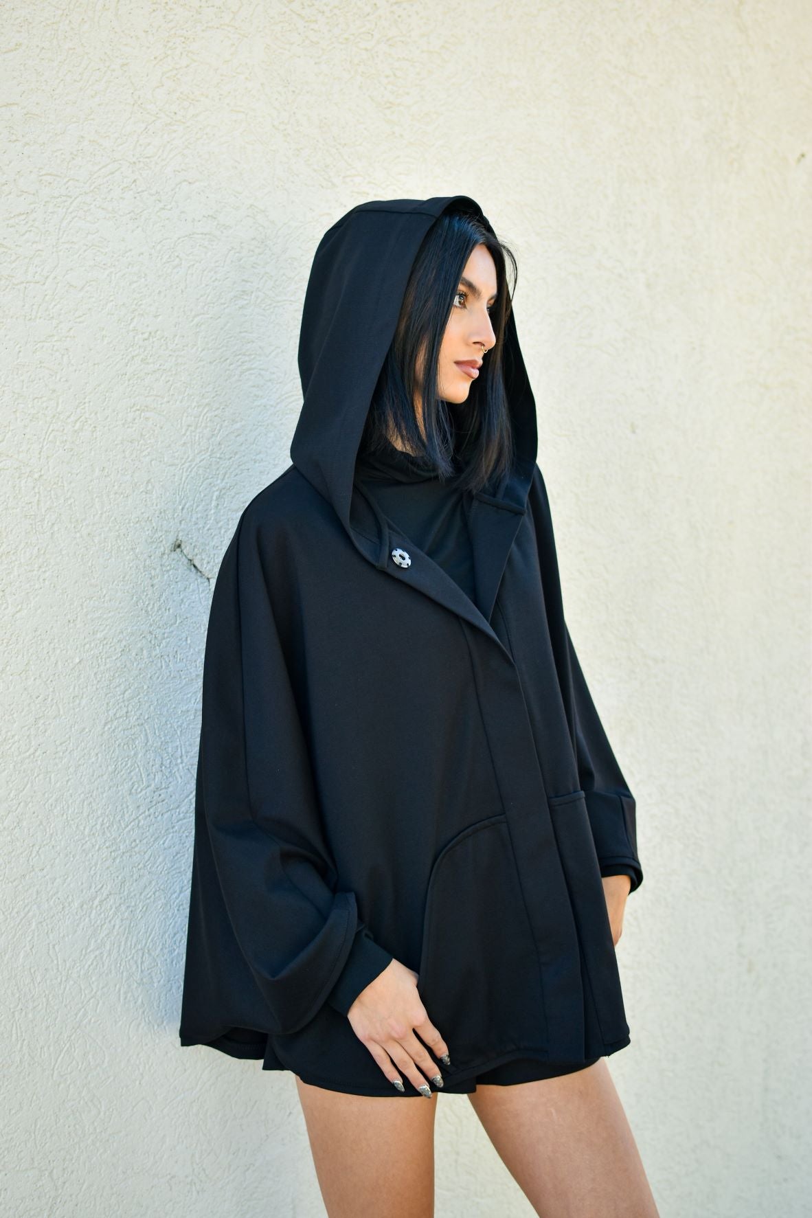 Charlene | Hooded Black Hip Length Heavy Knit Cape