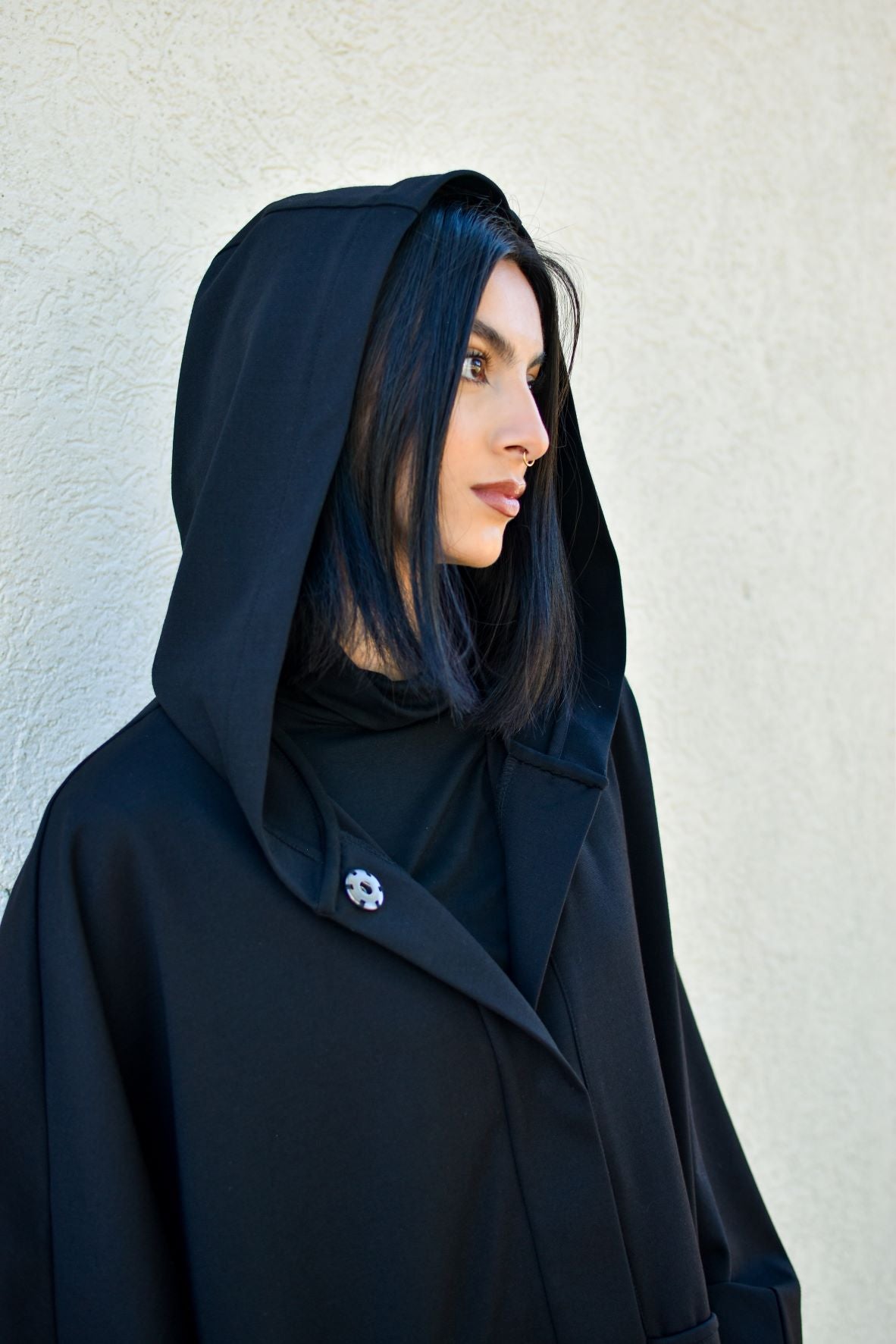 Charlene | Hooded Black Hip Length Heavy Knit Cape