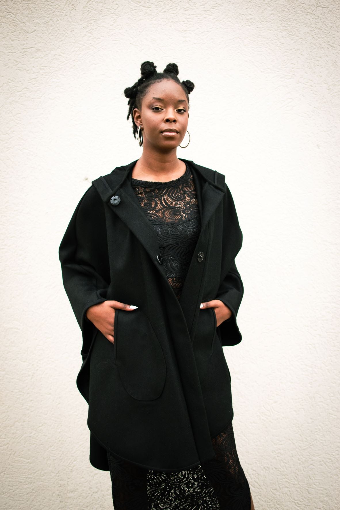 Camilla | Black Wool Cape with Hood and Pockets