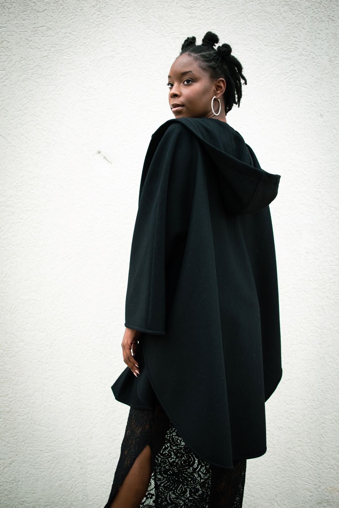 Camilla | Black Wool Cape with Hood and Pockets