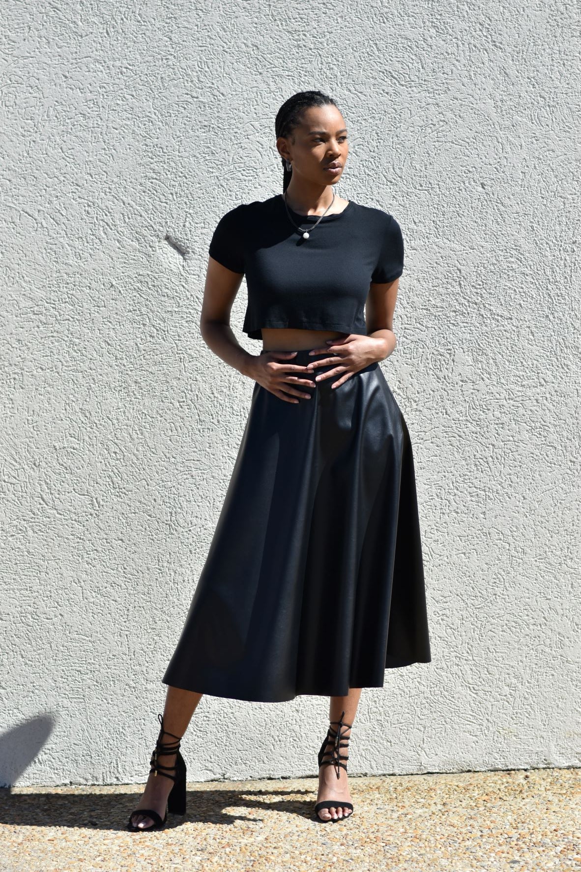 Celina | Black Faux Leather Midi Skirt