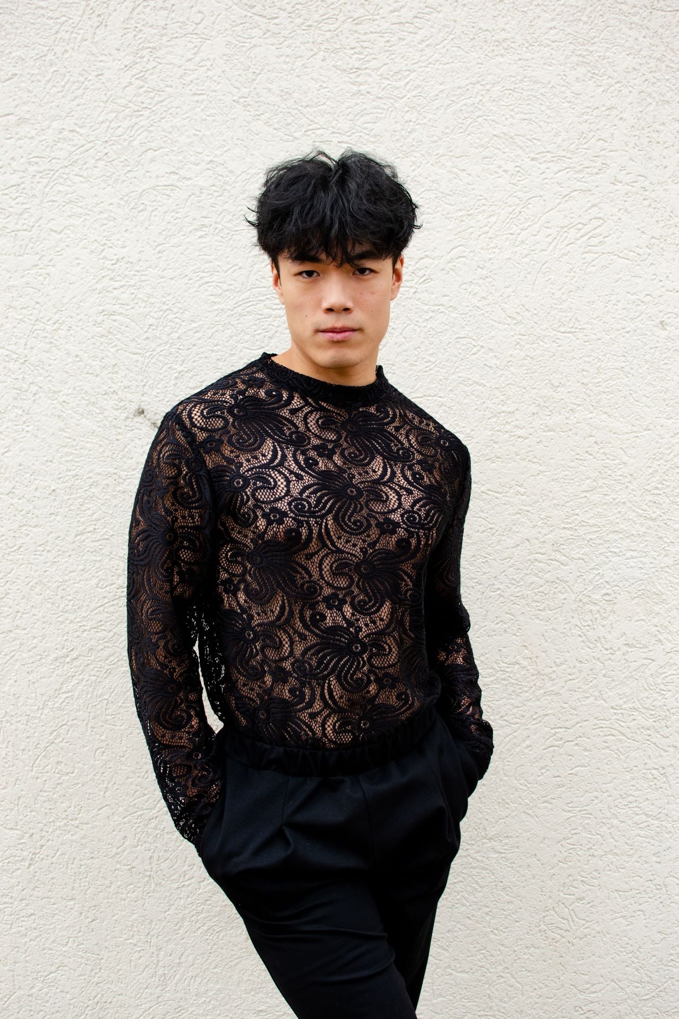 Kevin | Men’s Black Sheer Lace Crewneck