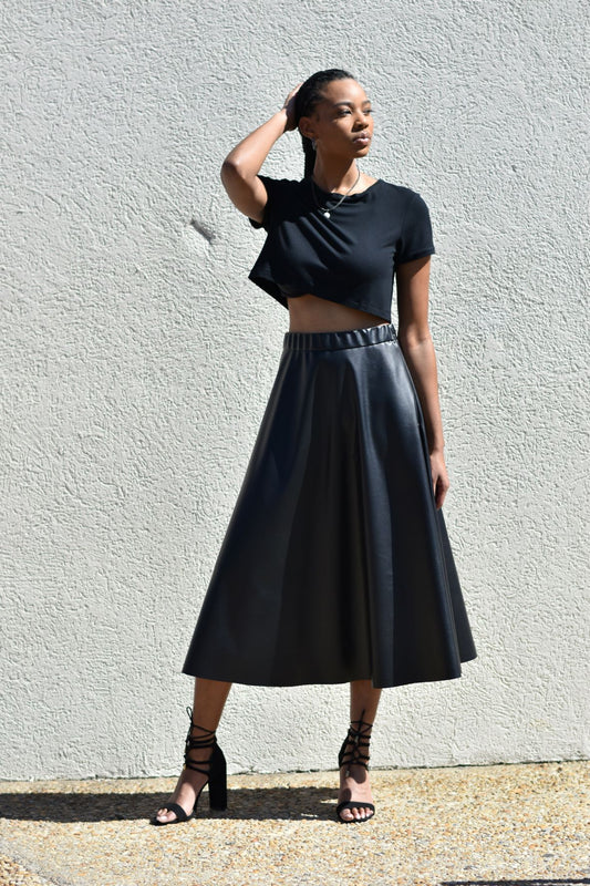 Celina | Black Faux Leather Midi Skirt