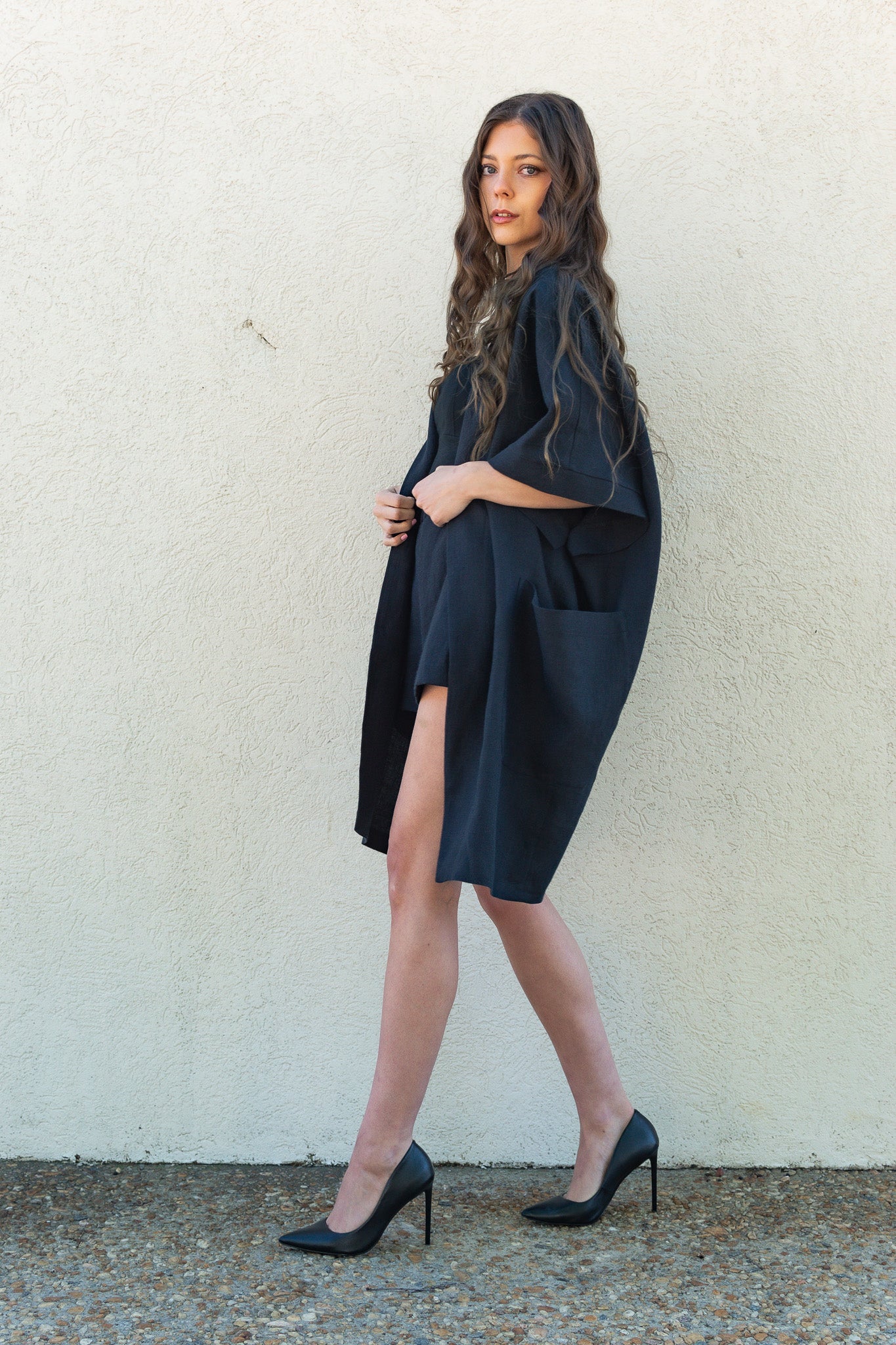 Casey | Open Front Black Linen Kimono Coat