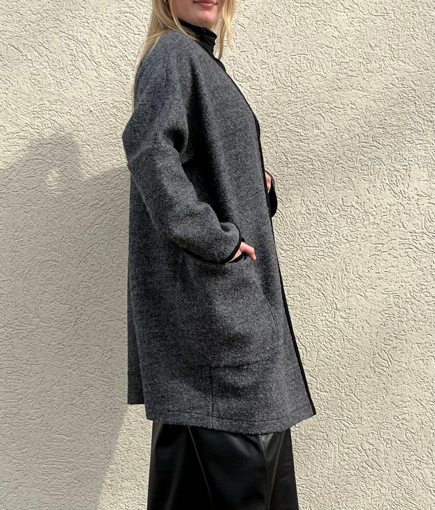 Claudia | Gray Open Front Boucle Wool Coat